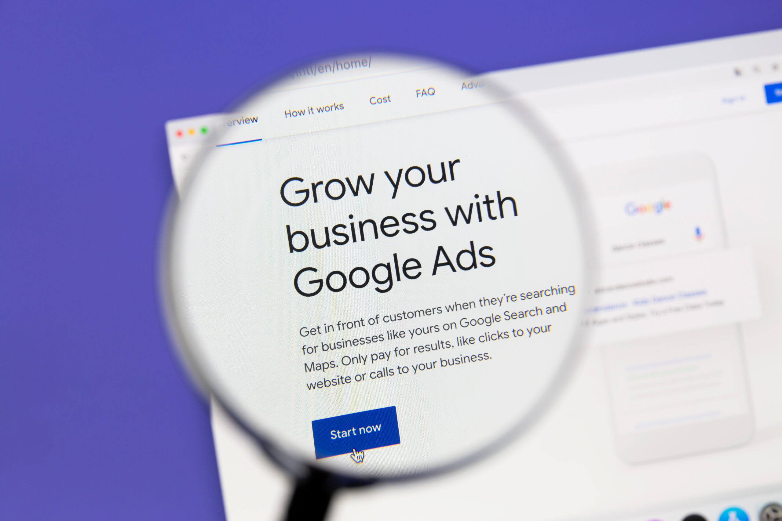 Ostersund, Sweden - October 7, 2020 Google Ads website under a magnifying glass. Google Ads is an online advertising platform developed by Google.